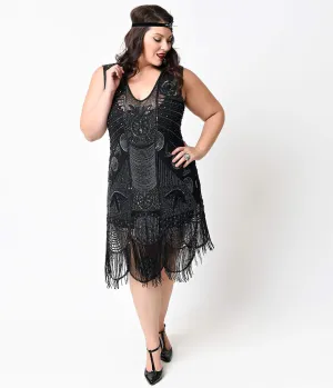 Unique Vintage Plus Size 1920s Style Black Hand Beaded Fringe Bosley Flapper Dress Party Look