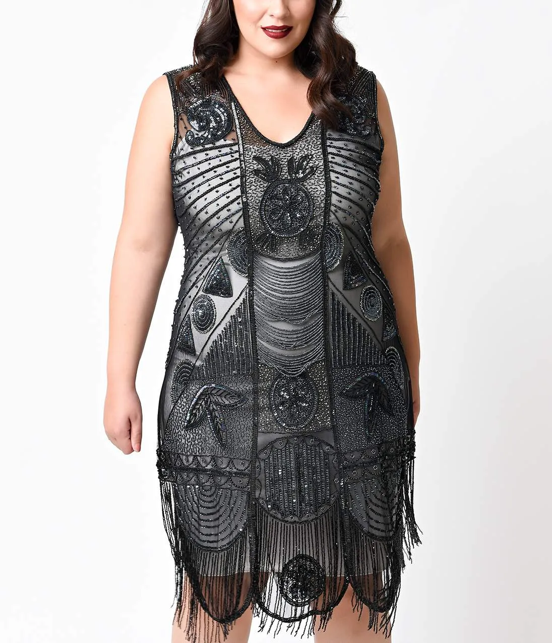Unique Vintage Plus Size 1920s Style Black Hand Beaded Fringe Bosley Flapper Dress Party Look
