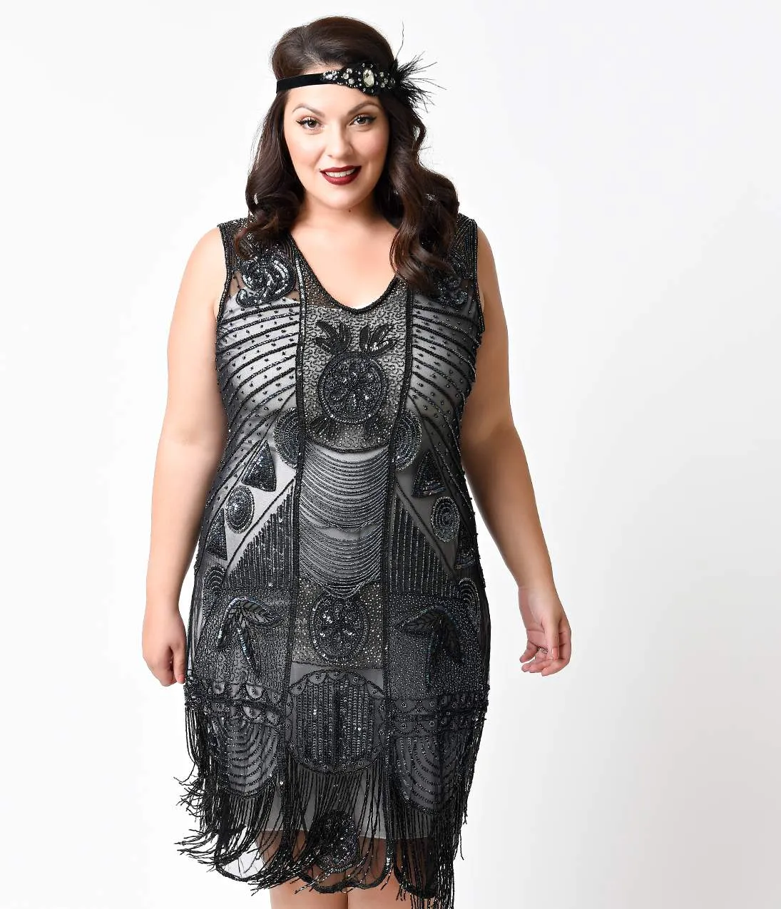 Unique Vintage Plus Size 1920s Style Black Hand Beaded Fringe Bosley Flapper Dress Party Look