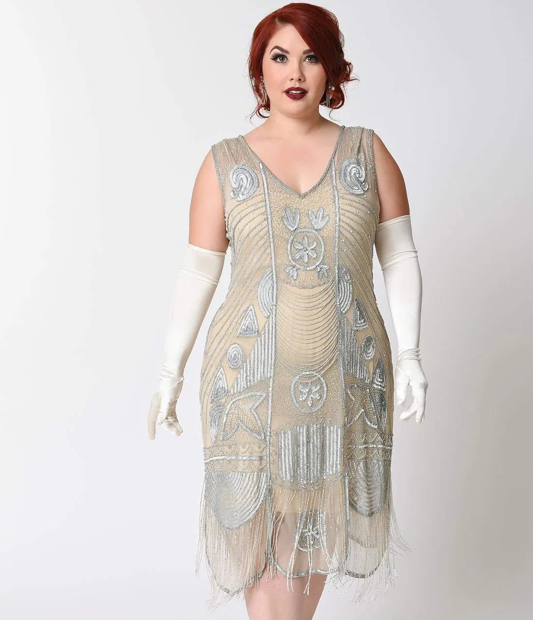 Unique Vintage Plus Size 1920s Style Silver Hand Beaded Fringe Bosley Flapper Dress Casual Everyday Look