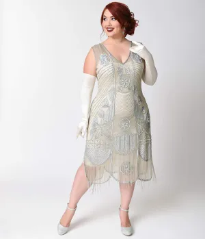 Unique Vintage Plus Size 1920s Style Silver Hand Beaded Fringe Bosley Flapper Dress Casual Everyday Look