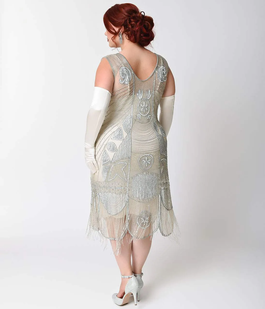 Unique Vintage Plus Size 1920s Style Silver Hand Beaded Fringe Bosley Flapper Dress Casual Everyday Look