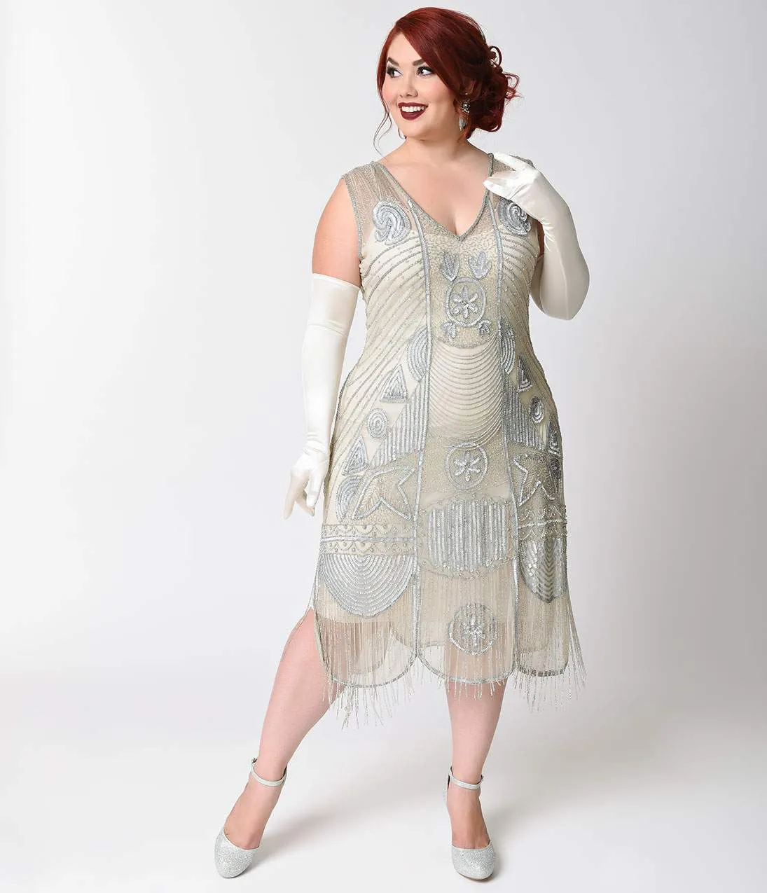 Unique Vintage Plus Size 1920s Style Silver Hand Beaded Fringe Bosley Flapper Dress Casual Everyday Look