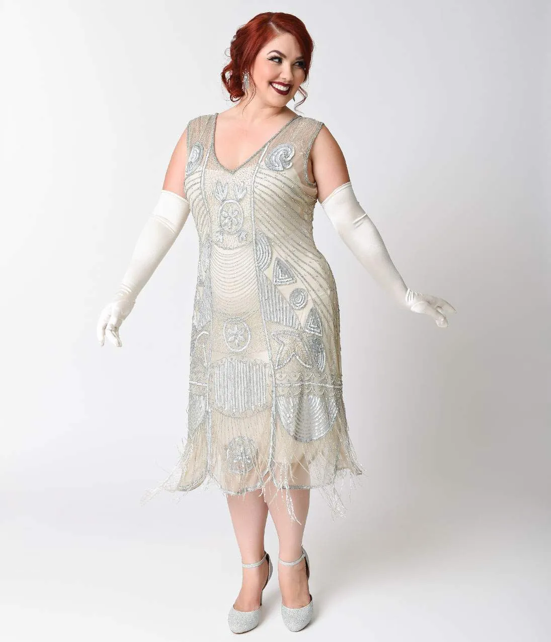 Unique Vintage Plus Size 1920s Style Silver Hand Beaded Fringe Bosley Flapper Dress Casual Everyday Look