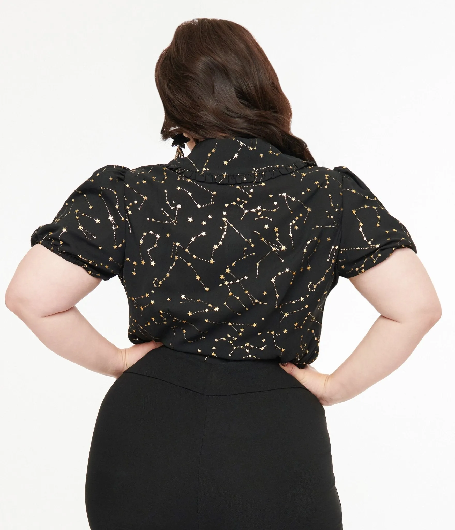 Unique Vintage Plus Size 1930s Black & Gold Stars Oversized Collar Blouse Easy Date Night