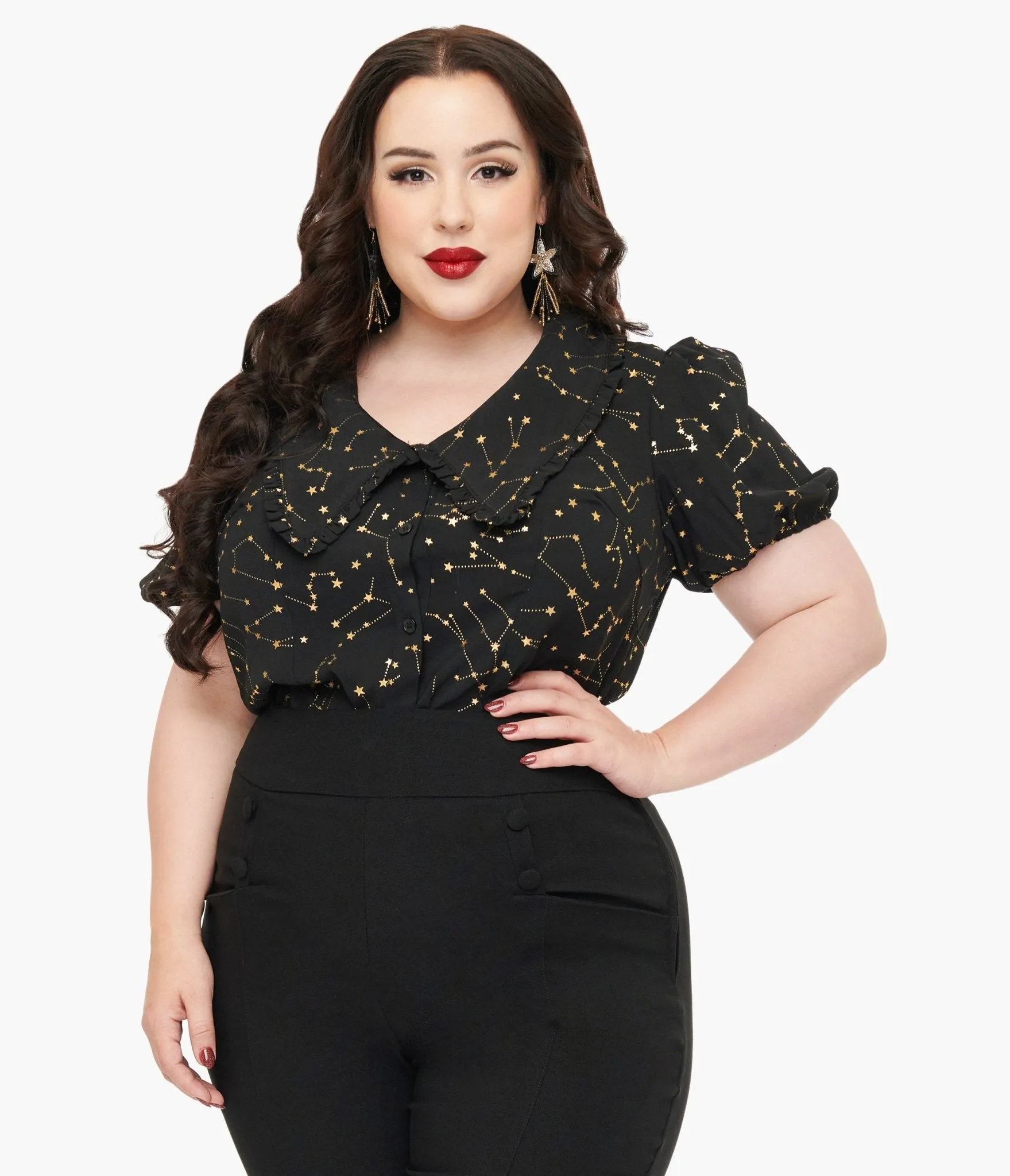 Unique Vintage Plus Size 1930s Black & Gold Stars Oversized Collar Blouse Easy Date Night