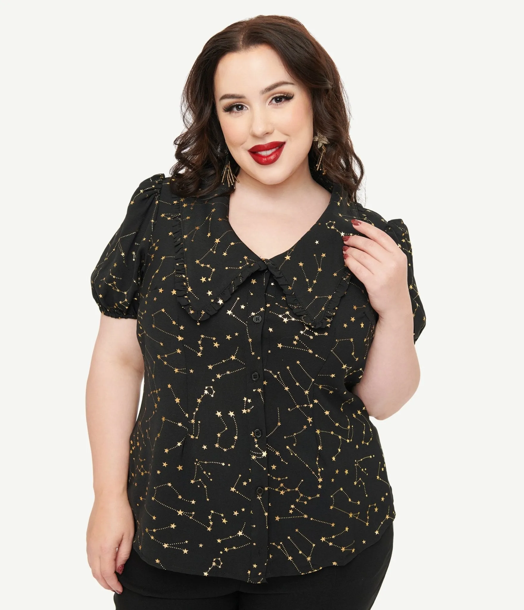 Unique Vintage Plus Size 1930s Black & Gold Stars Oversized Collar Blouse Easy Date Night