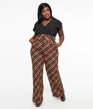 Unique Vintage Plus Size 1930s Black & Rust Plaid Thelma Suspender Pants Comfortable Travel Wear