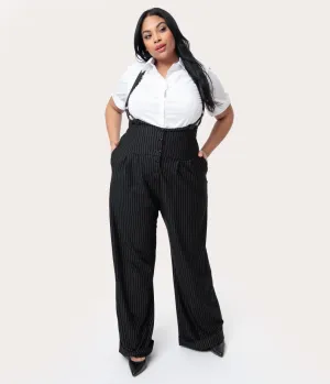 Unique Vintage Plus Size 1930s Black & White Pin Stripe Thelma Suspender Pants Comfortable Travel Wear
