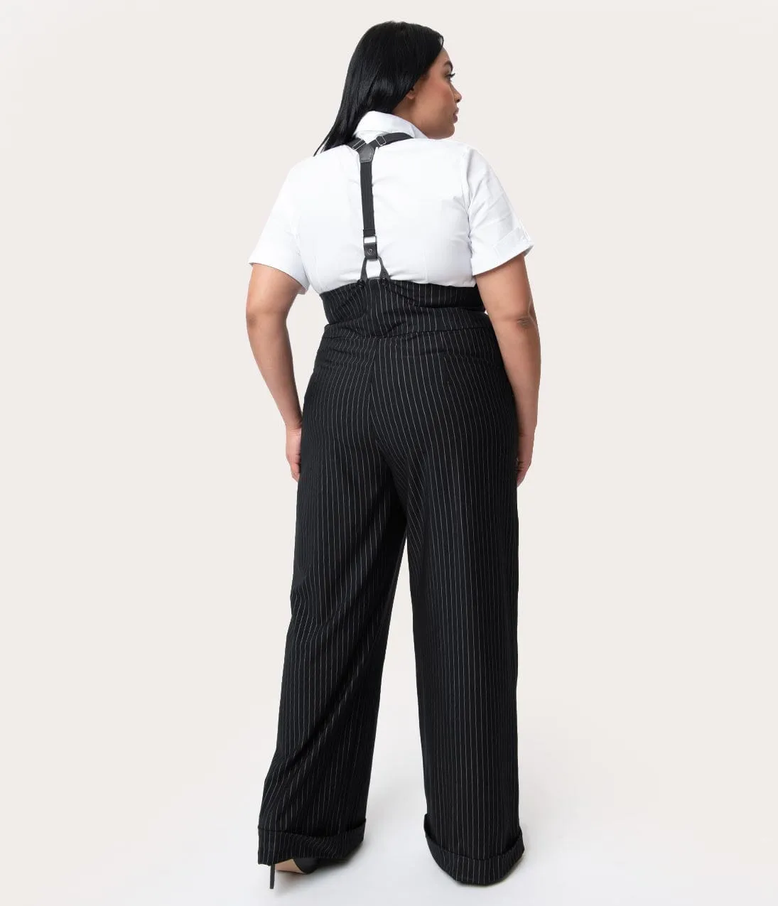 Unique Vintage Plus Size 1930s Black & White Pin Stripe Thelma Suspender Pants Comfortable Travel Wear