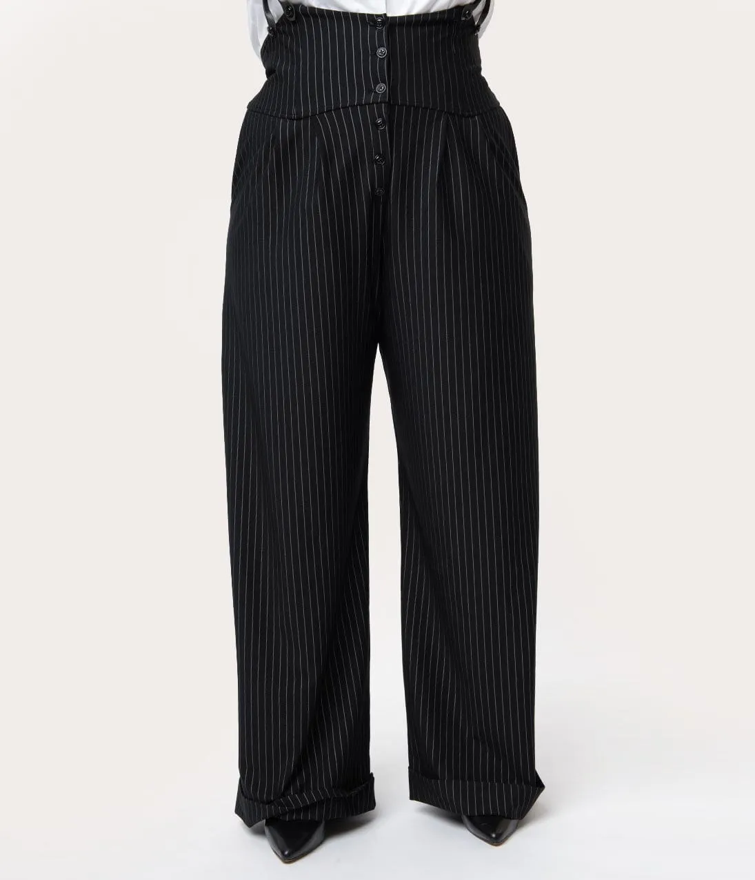 Unique Vintage Plus Size 1930s Black & White Pin Stripe Thelma Suspender Pants Comfortable Travel Wear