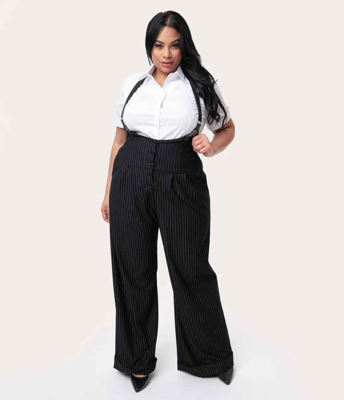 Unique Vintage Plus Size 1930s Black & White Pin Stripe Thelma Suspender Pants Comfortable Travel Wear