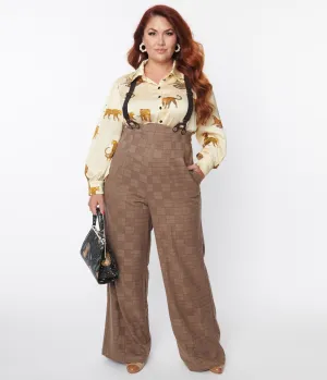 Unique Vintage Plus Size 1930s Brown Windowpane Plaid Suspender Pants Comfortable Travel Wear