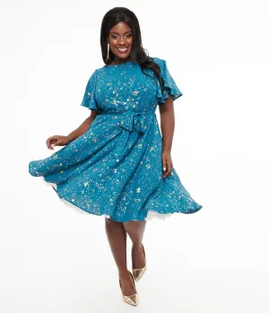Unique Vintage Plus Size 1930s Teal & Gold Star Swing Dress Casual Everyday Look