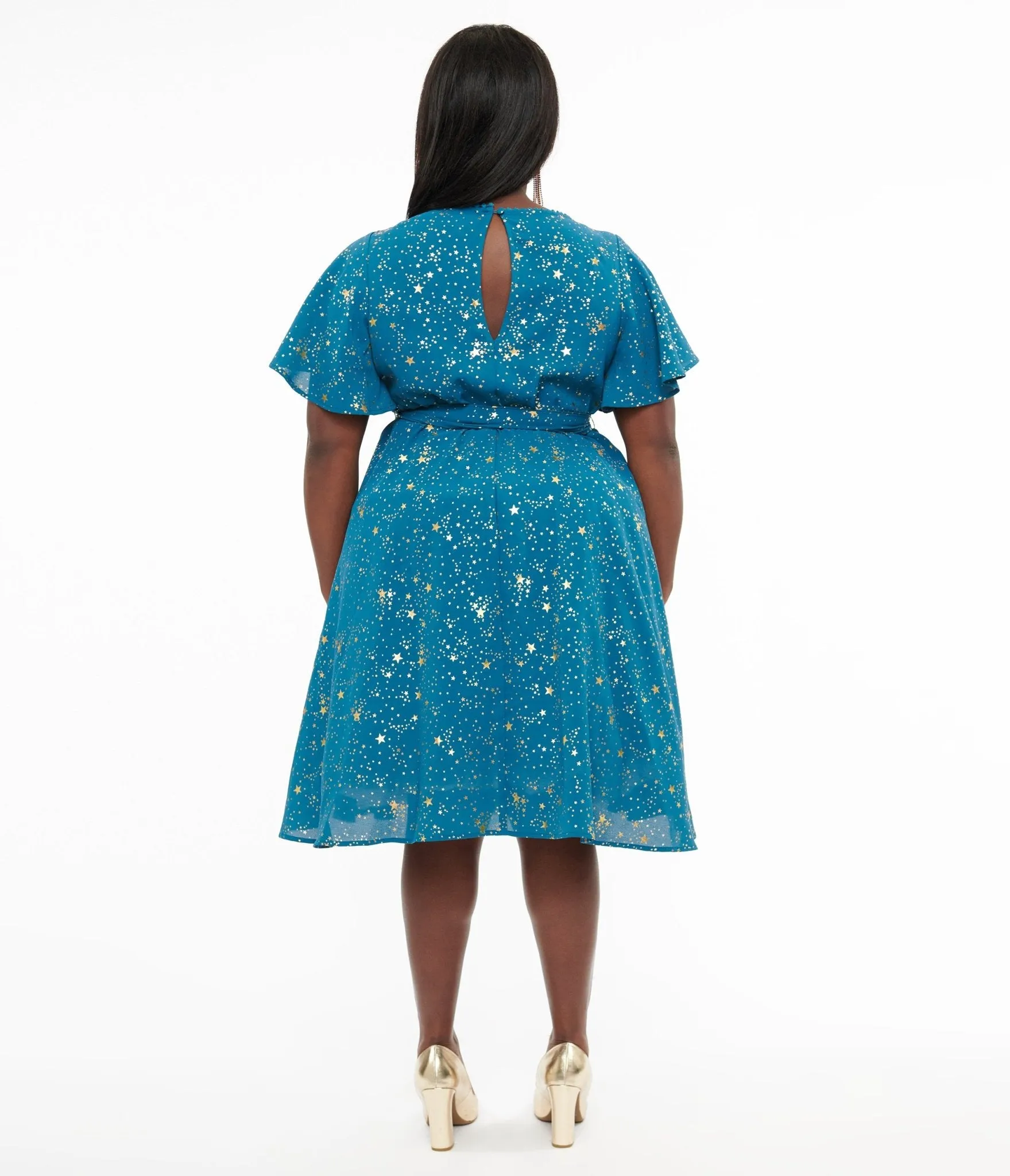 Unique Vintage Plus Size 1930s Teal & Gold Star Swing Dress Casual Everyday Look