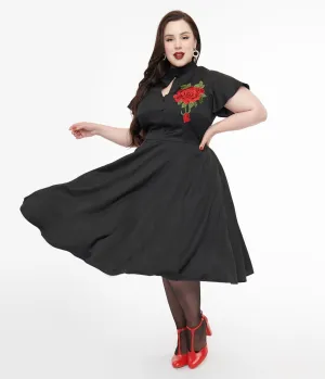 Unique Vintage Plus Size 1940s Black & Red Poinsettia Baltimore Swing Dress Casual Everyday Look