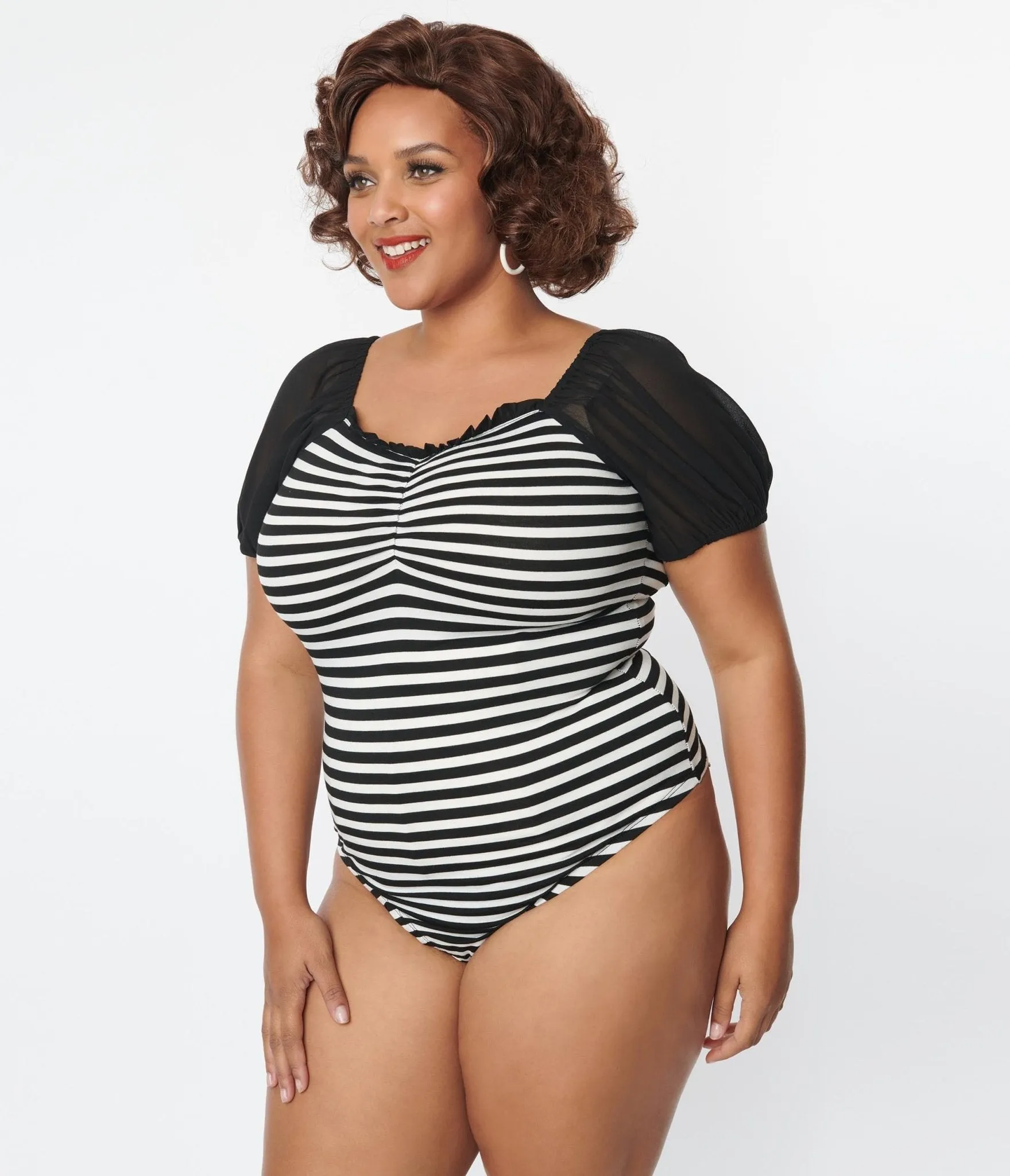 Unique Vintage Plus Size 1940s Black & White Striped Short Sleeve Bodysuit Easy Date Night
