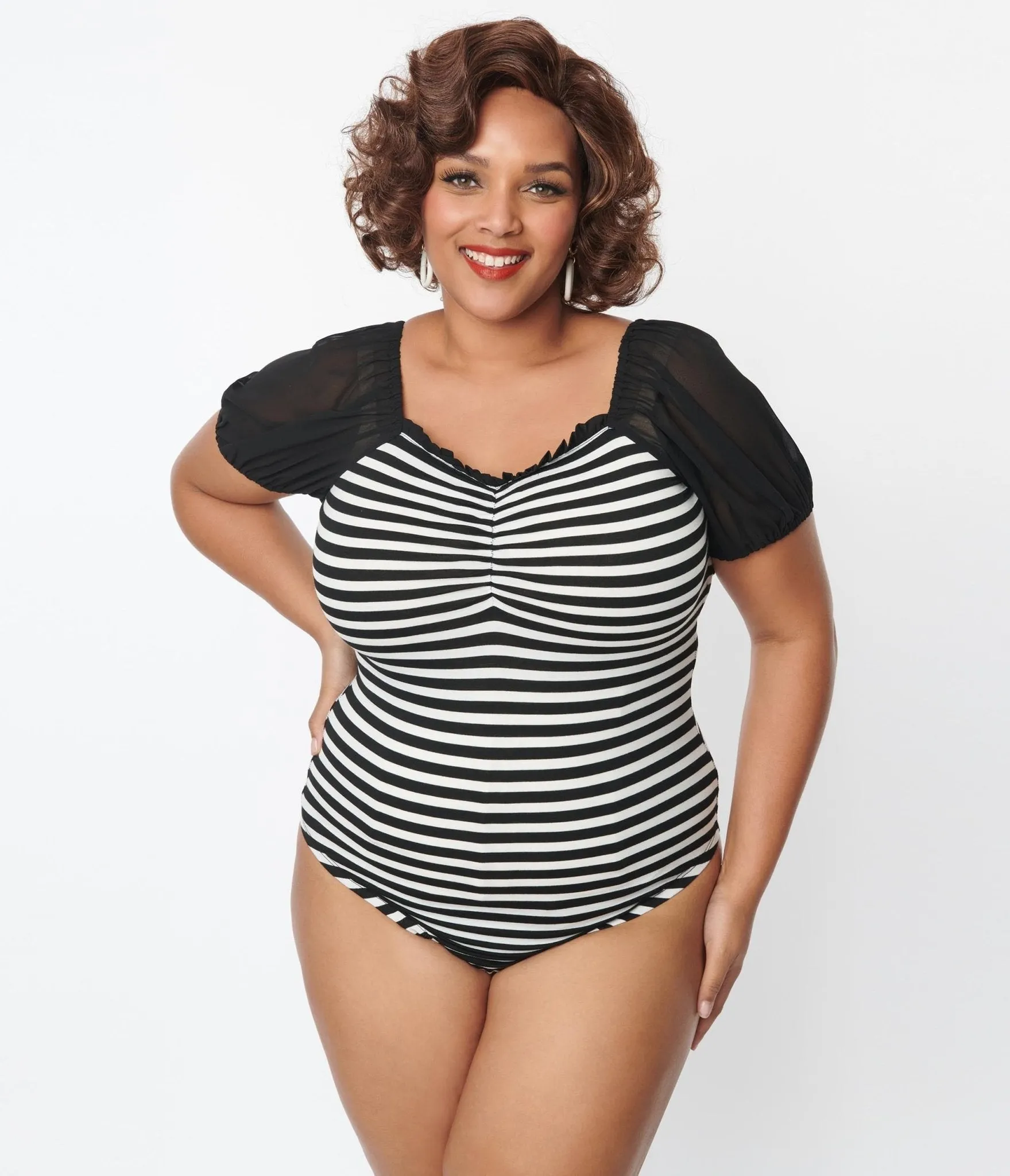 Unique Vintage Plus Size 1940s Black & White Striped Short Sleeve Bodysuit Easy Date Night
