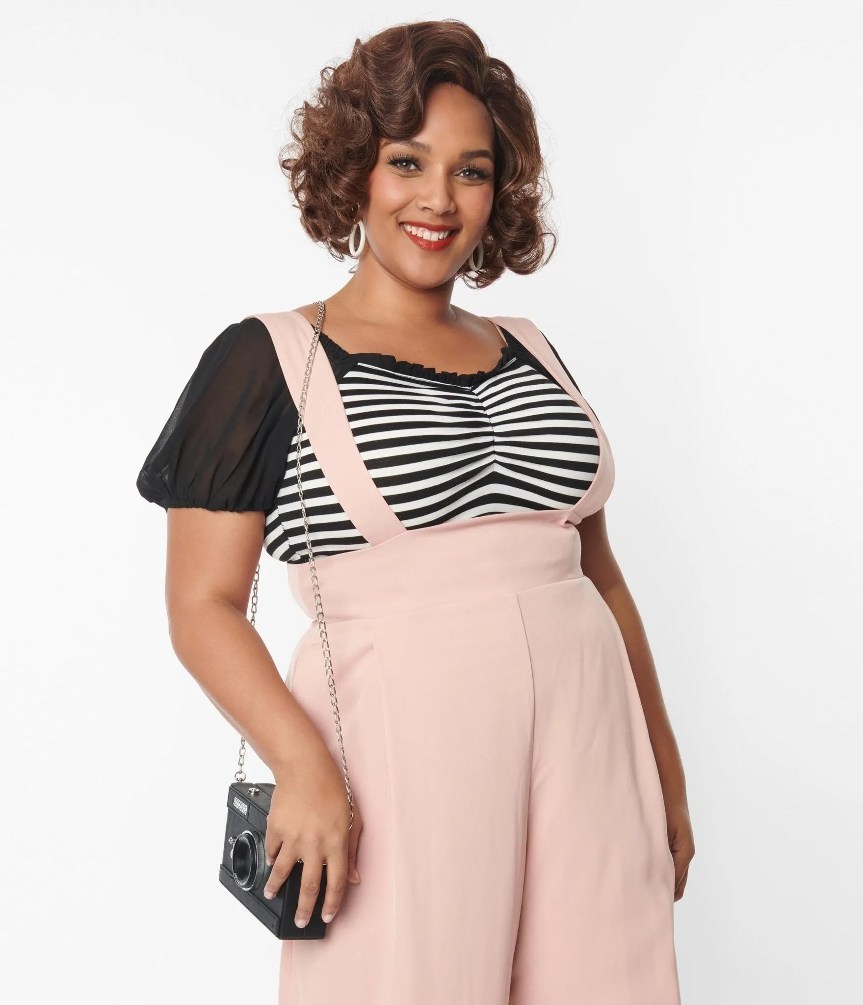Unique Vintage Plus Size 1940s Black & White Striped Short Sleeve Bodysuit Easy Date Night