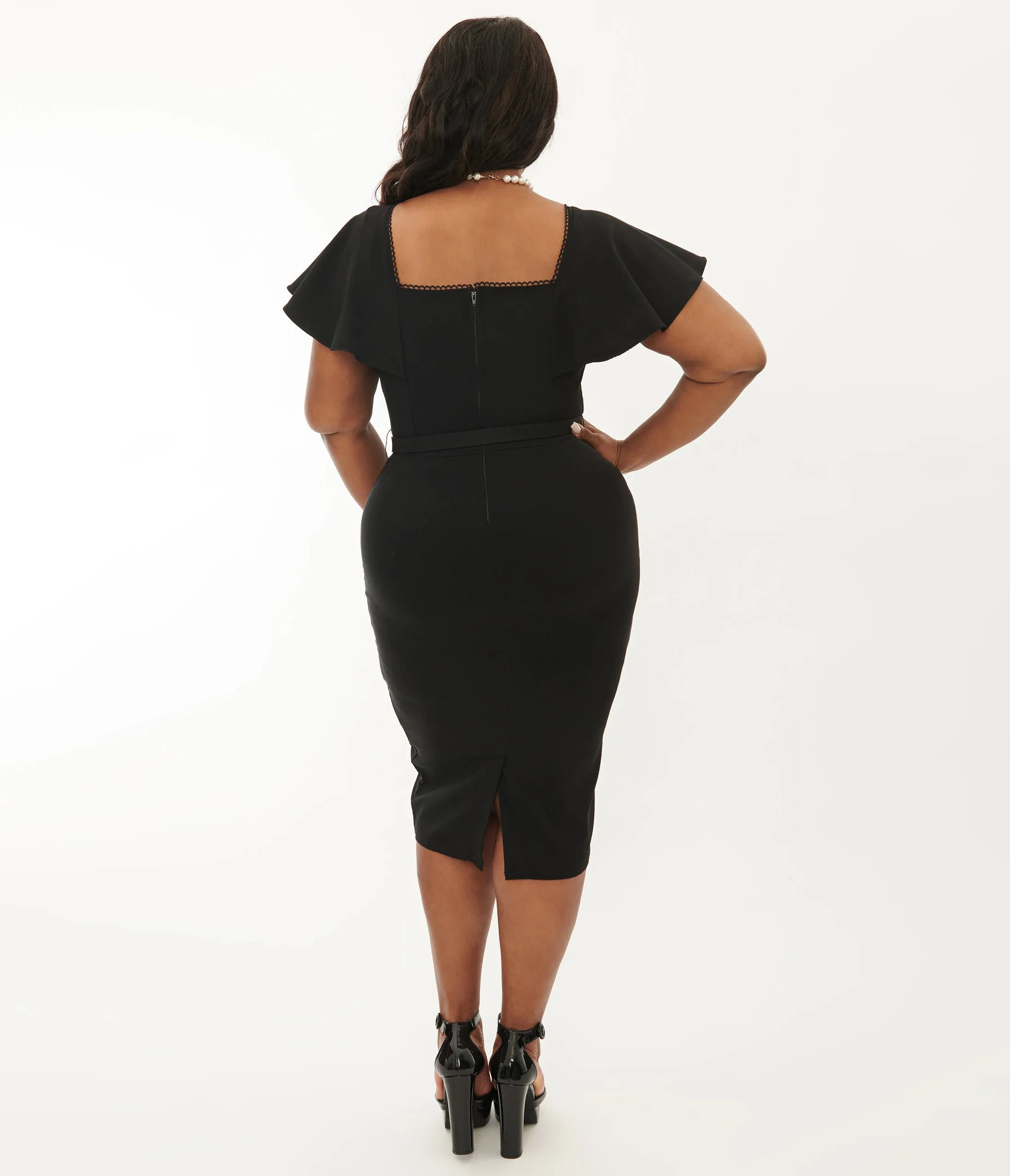 Unique Vintage Plus Size 1940s Black Flutter Sleeve Sweetheart Wiggle Dress Casual Everyday Look