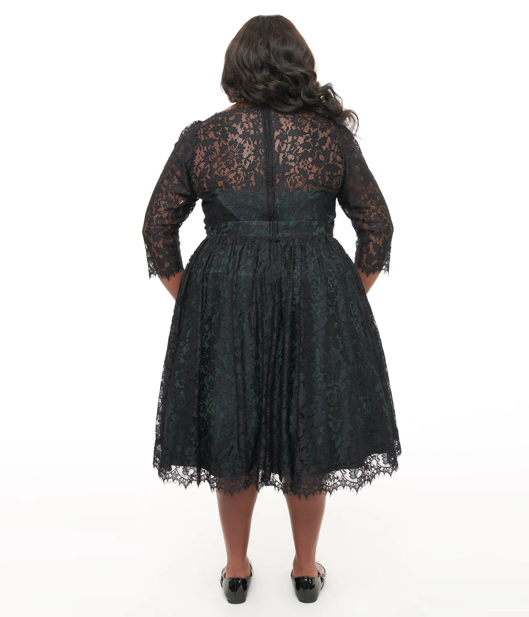 Unique Vintage Plus Size 1940s Black Lace Swing Dress Casual Everyday Look
