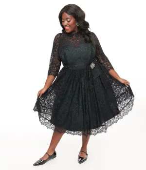 Unique Vintage Plus Size 1940s Black Lace Swing Dress Casual Everyday Look