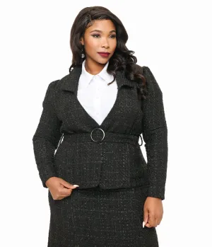 Unique Vintage Plus Size 1940s Black Lurex Tweed Belted Jacket Easy Date Night