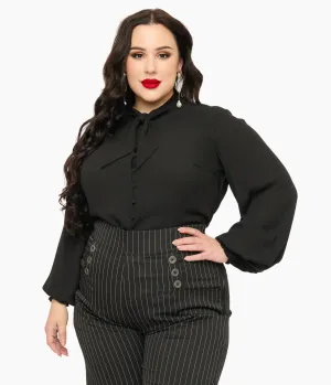 Unique Vintage Plus Size 1940s Black Neck Tie Blouse Easy Date Night