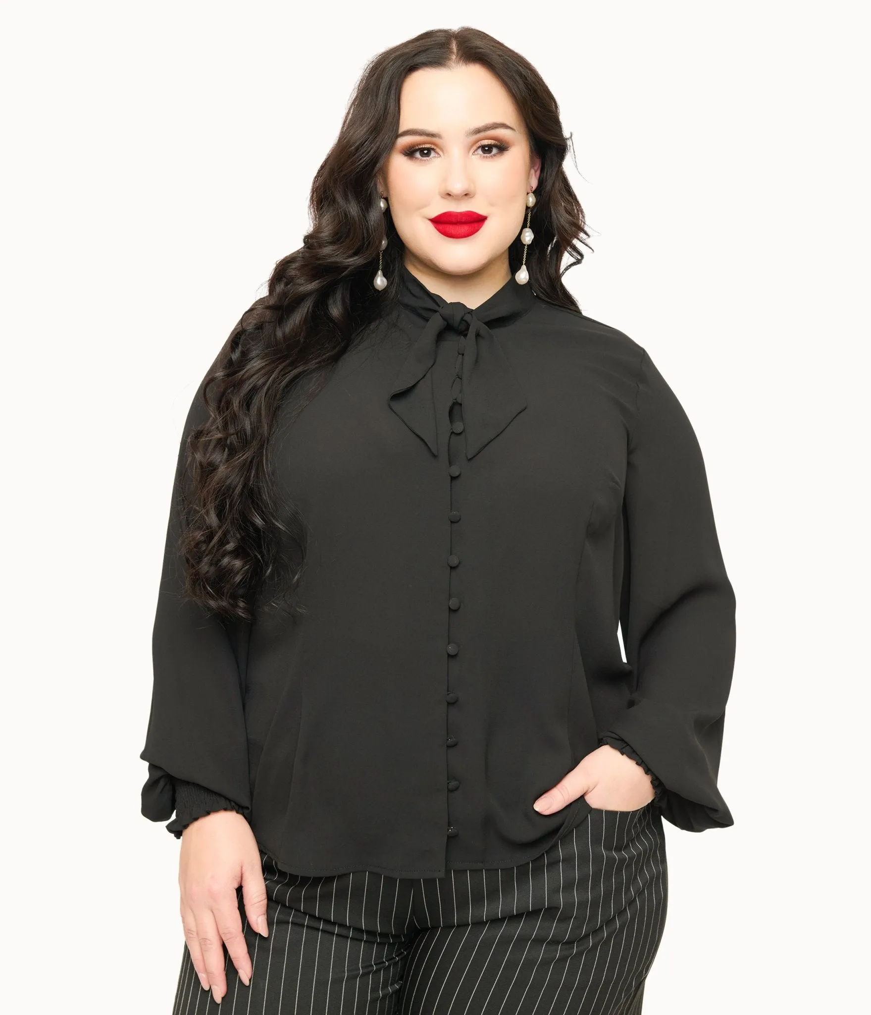 Unique Vintage Plus Size 1940s Black Neck Tie Blouse Easy Date Night