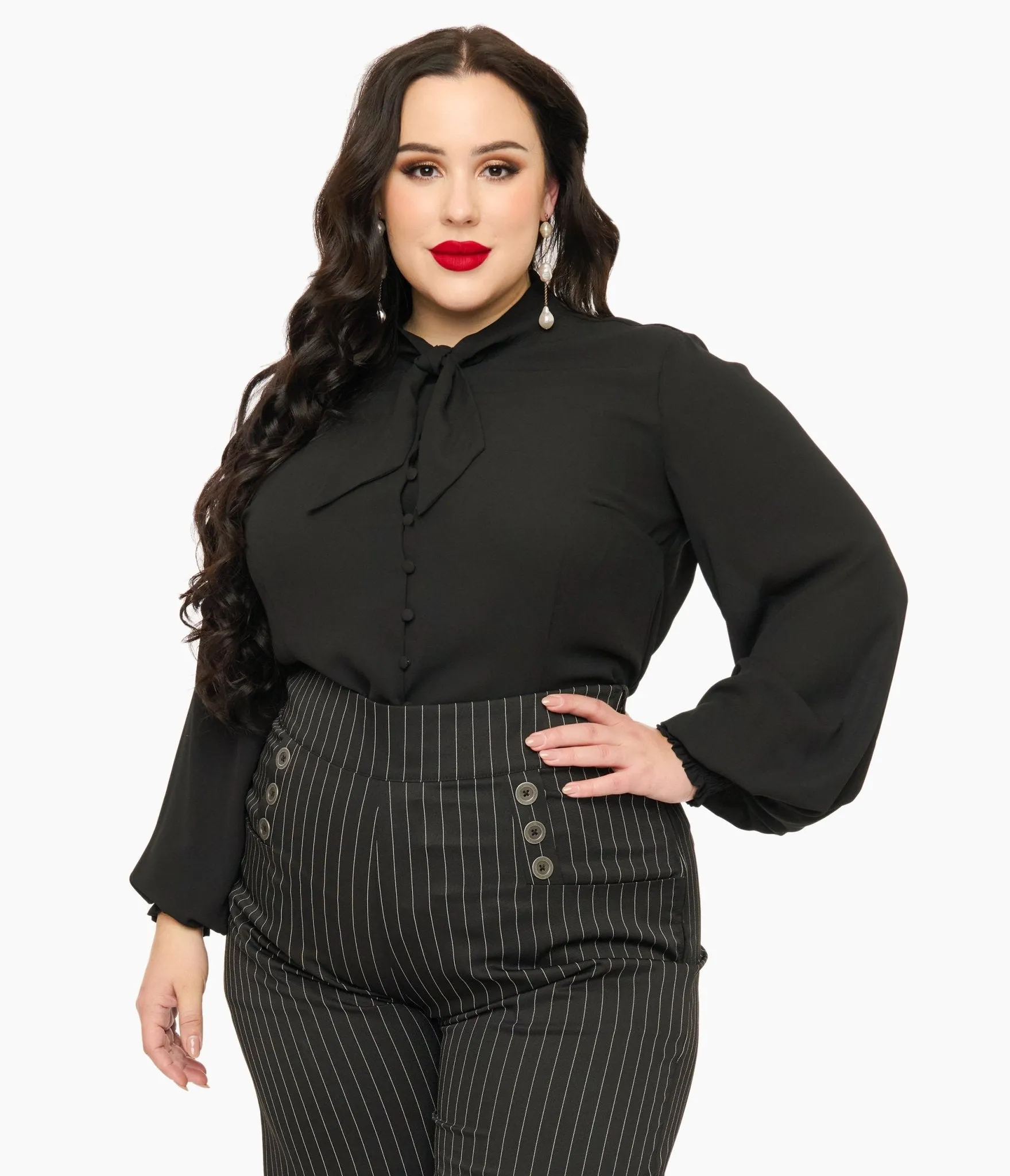 Unique Vintage Plus Size 1940s Black Neck Tie Blouse Easy Date Night