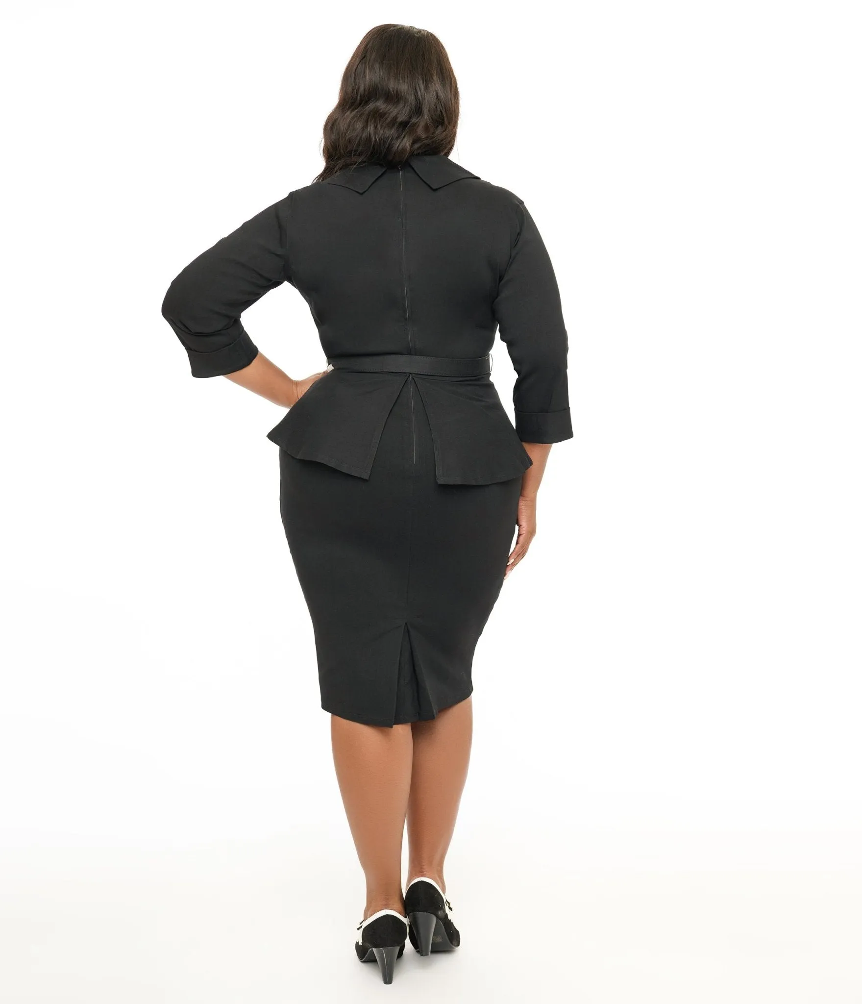 Unique Vintage Plus Size 1940s Black Peplum Cooper Suit Pencil Dress Casual Everyday Look