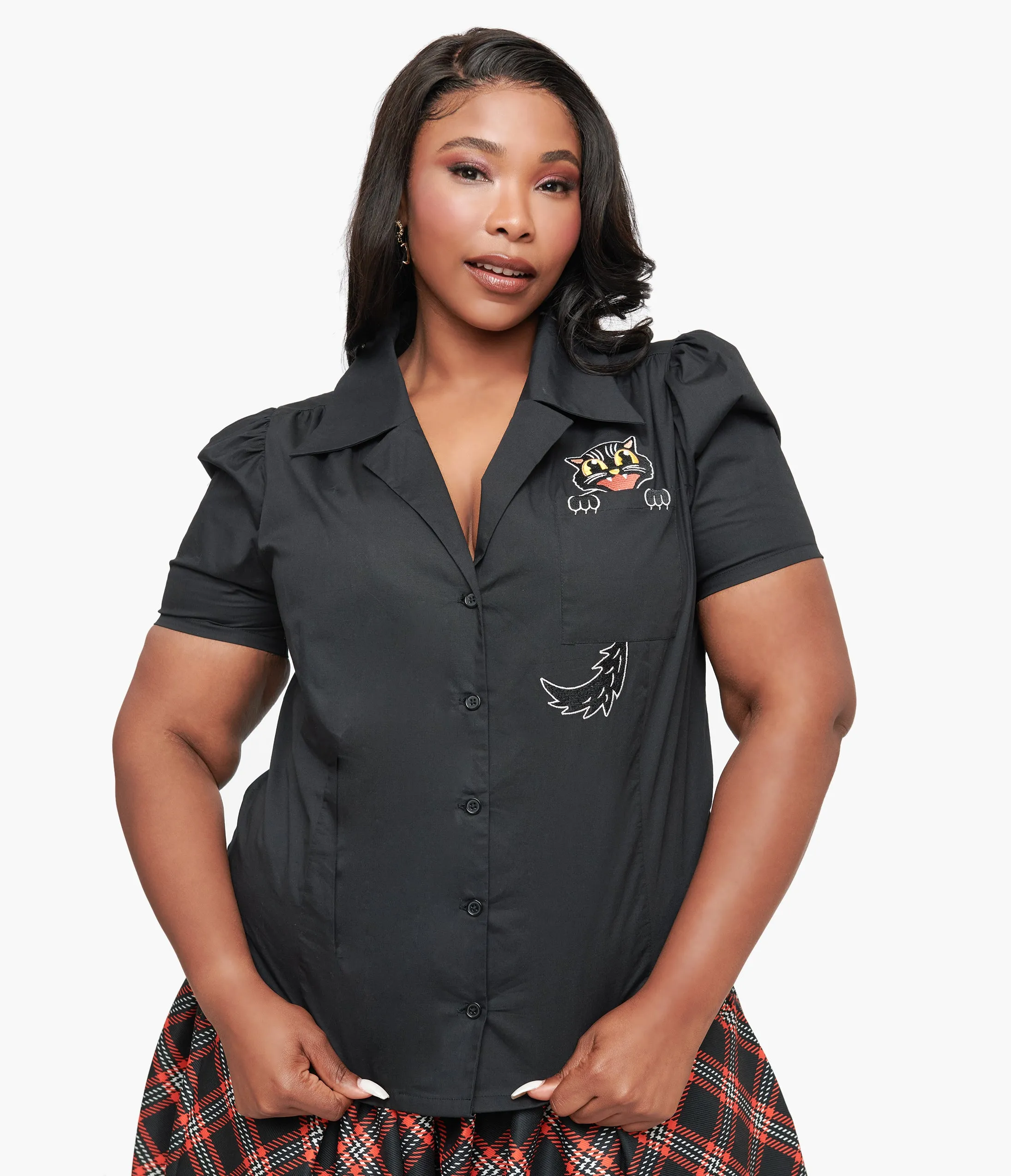 Unique Vintage Plus Size 1940s Black Spooky Cat Cotton Blouse Easy Date Night