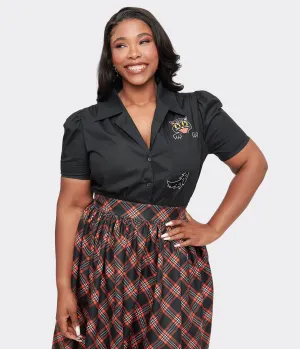 Unique Vintage Plus Size 1940s Black Spooky Cat Cotton Blouse Easy Date Night
