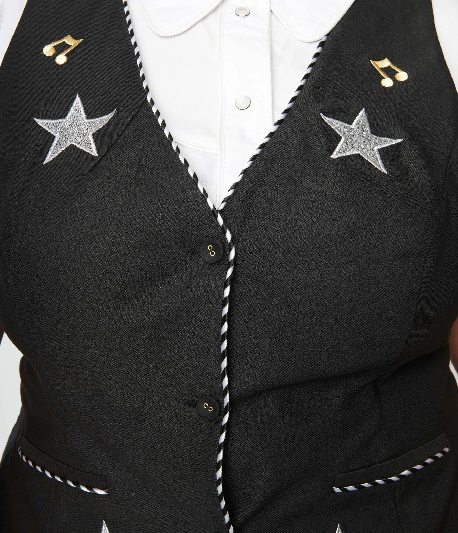 Unique Vintage Plus Size 1940s Black Stars & Music Keaton Vest Easy Date Night