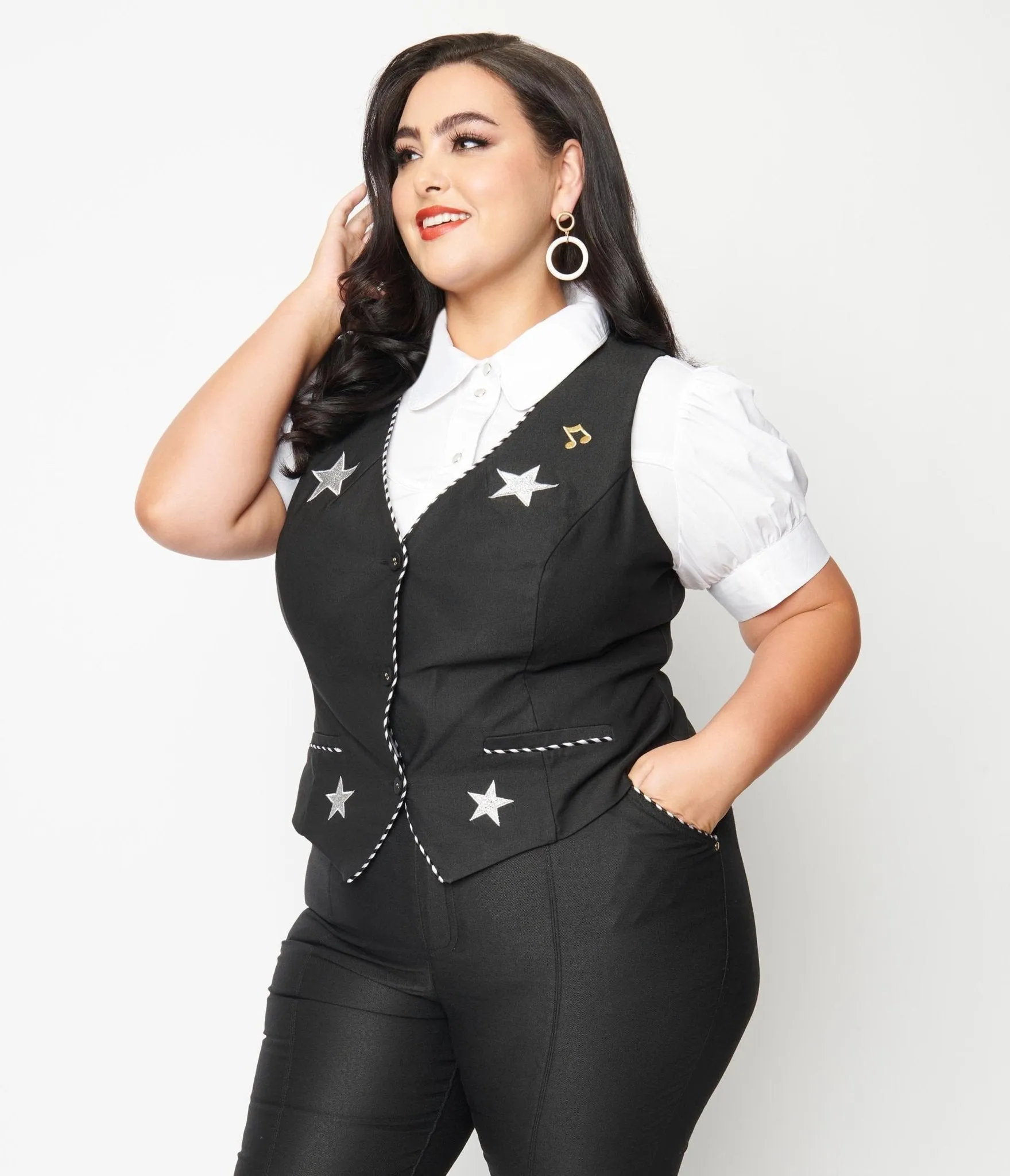 Unique Vintage Plus Size 1940s Black Stars & Music Keaton Vest Easy Date Night
