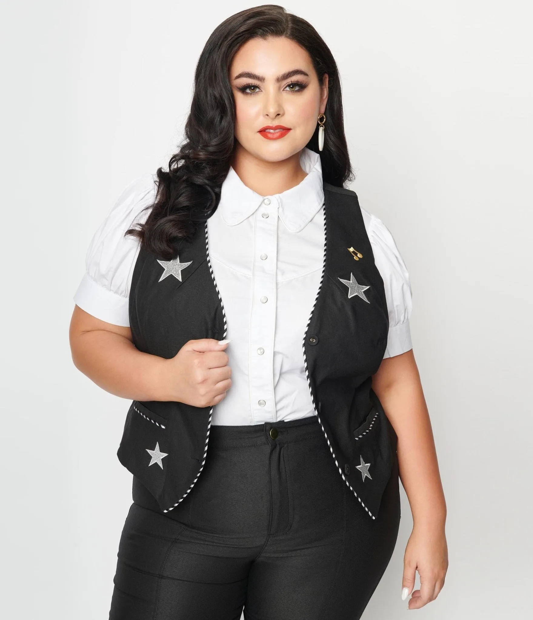 Unique Vintage Plus Size 1940s Black Stars & Music Keaton Vest Easy Date Night