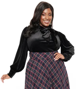 Unique Vintage Plus Size 1940s Black Velvet Long Sleeve Bow Blouse Easy Date Night