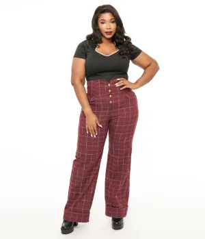 Unique Vintage Plus Size 1940s Burgundy Windowpane Buttoned Wide Leg Trousers Comfortable Travel Wear