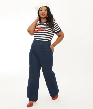 Unique Vintage Plus Size 1940s Denim High Waist Wide Leg Tab Pants Comfortable Travel Wear