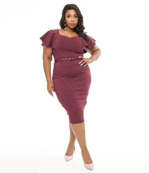 Unique Vintage Plus Size 1940s Eggplant & Pink Dot Flutter Sleeve Pencil Dress Casual Everyday Look