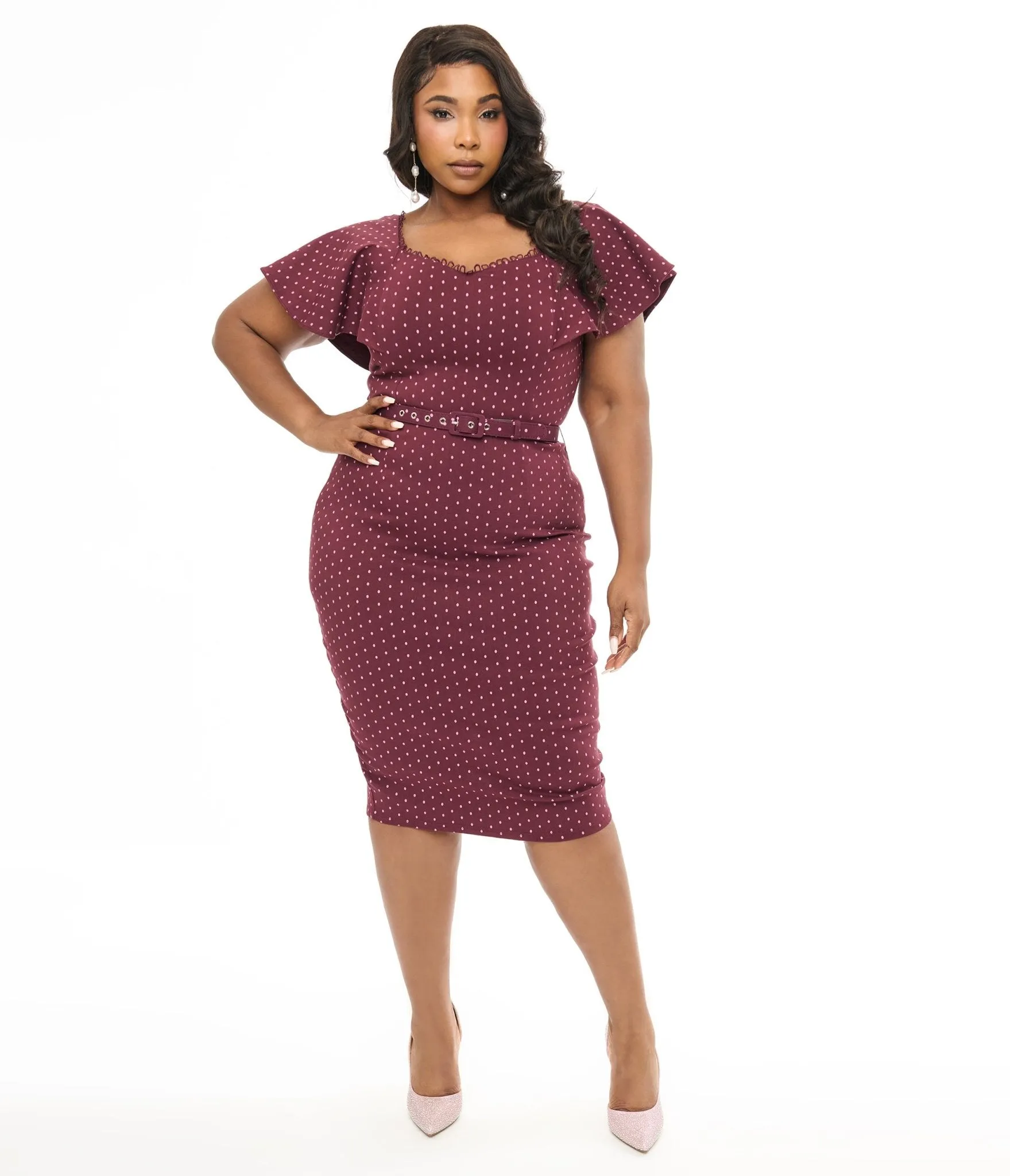 Unique Vintage Plus Size 1940s Eggplant & Pink Dot Flutter Sleeve Pencil Dress Casual Everyday Look