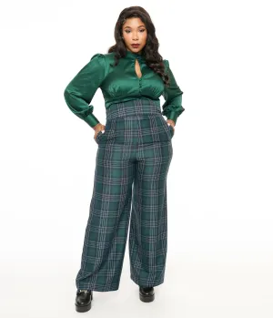 Unique Vintage Plus Size 1940s Green & Black Plaid High Waist Pants Comfortable Travel Wear