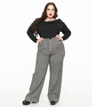 Unique Vintage Plus Size 1940s Grey Herringbone Buttoned Wide Leg Trousers Comfortable Travel Wear