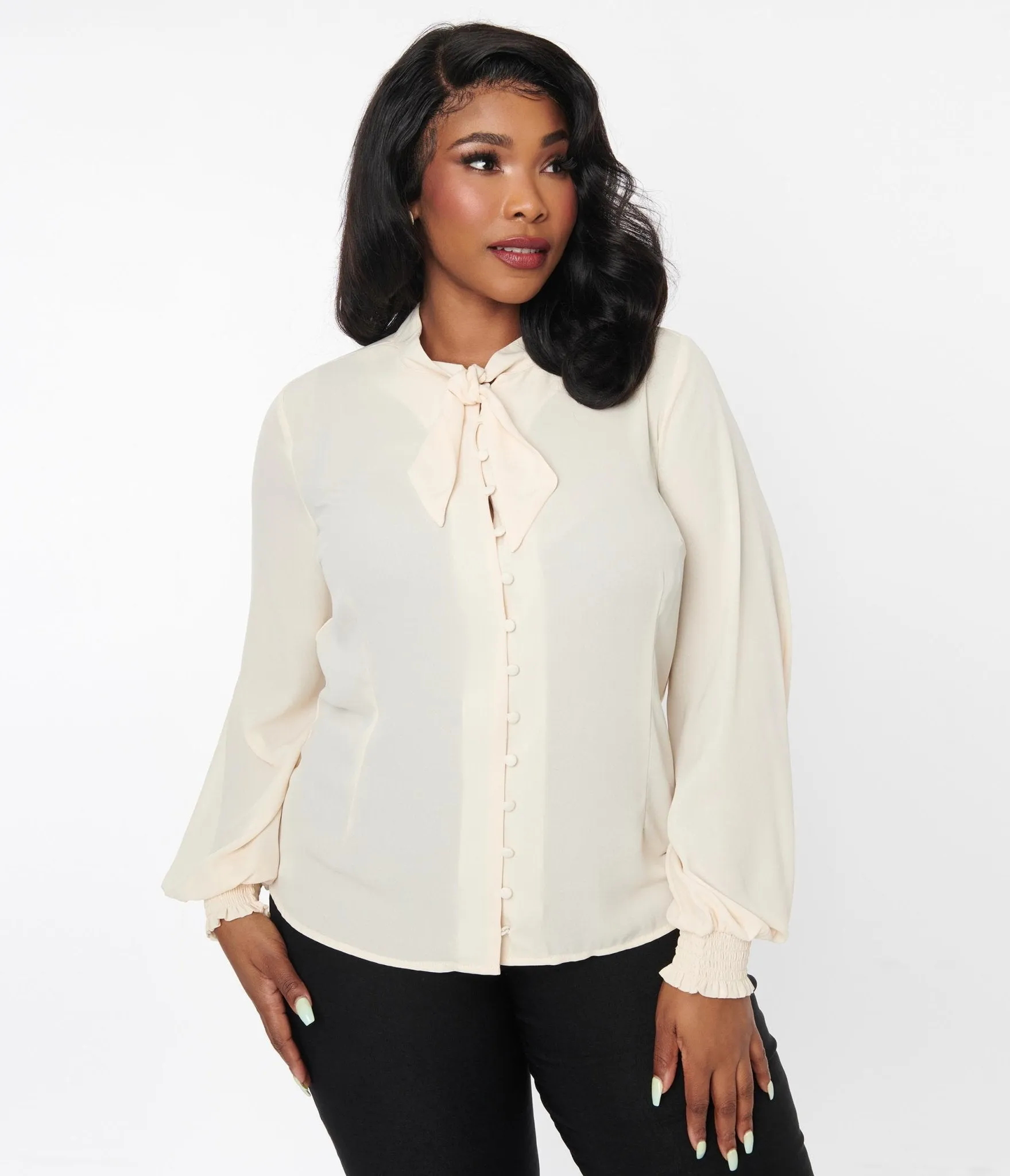 Unique Vintage Plus Size 1940s Ivory Neck Tie Blouse Easy Date Night