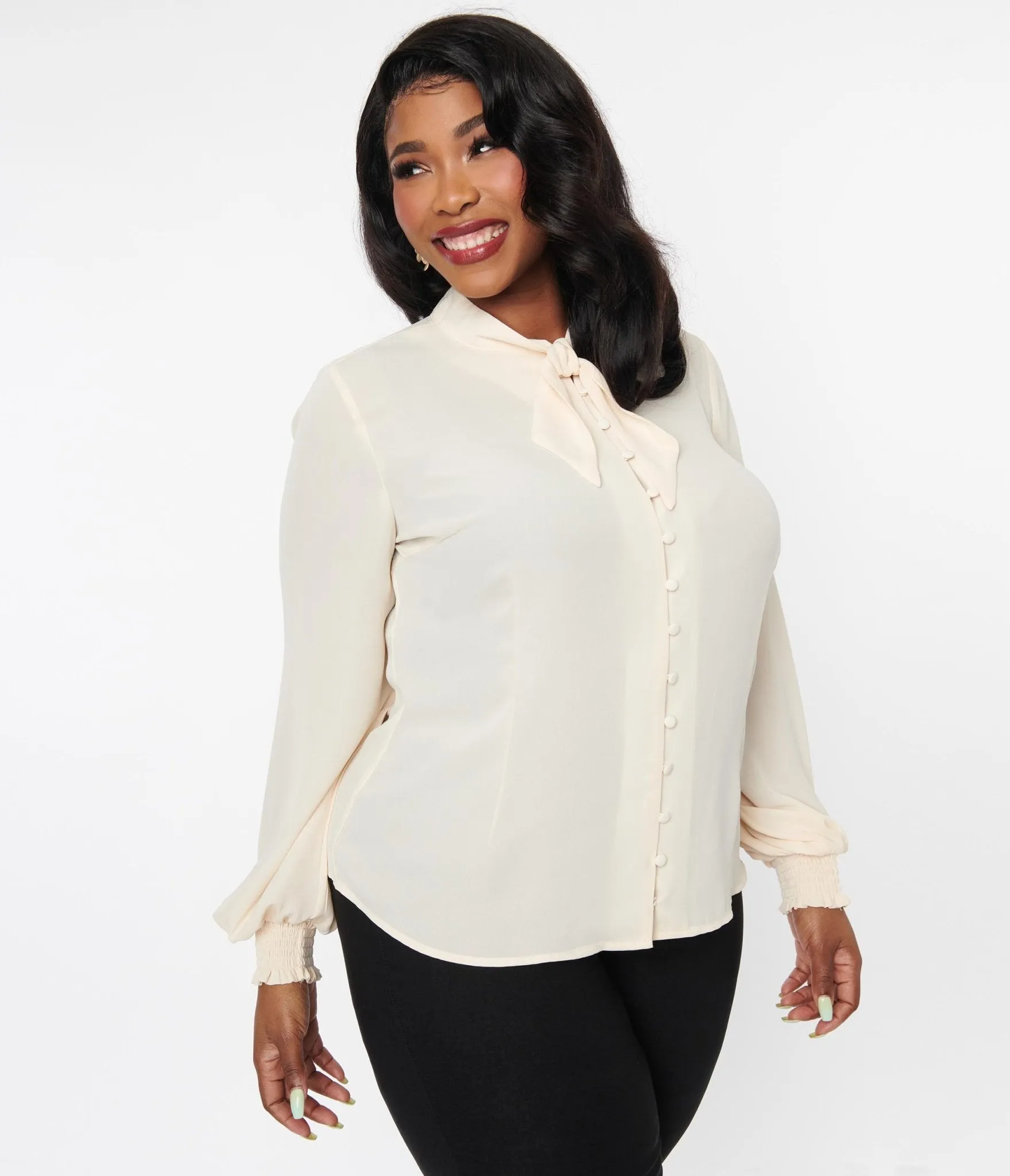 Unique Vintage Plus Size 1940s Ivory Neck Tie Blouse Easy Date Night