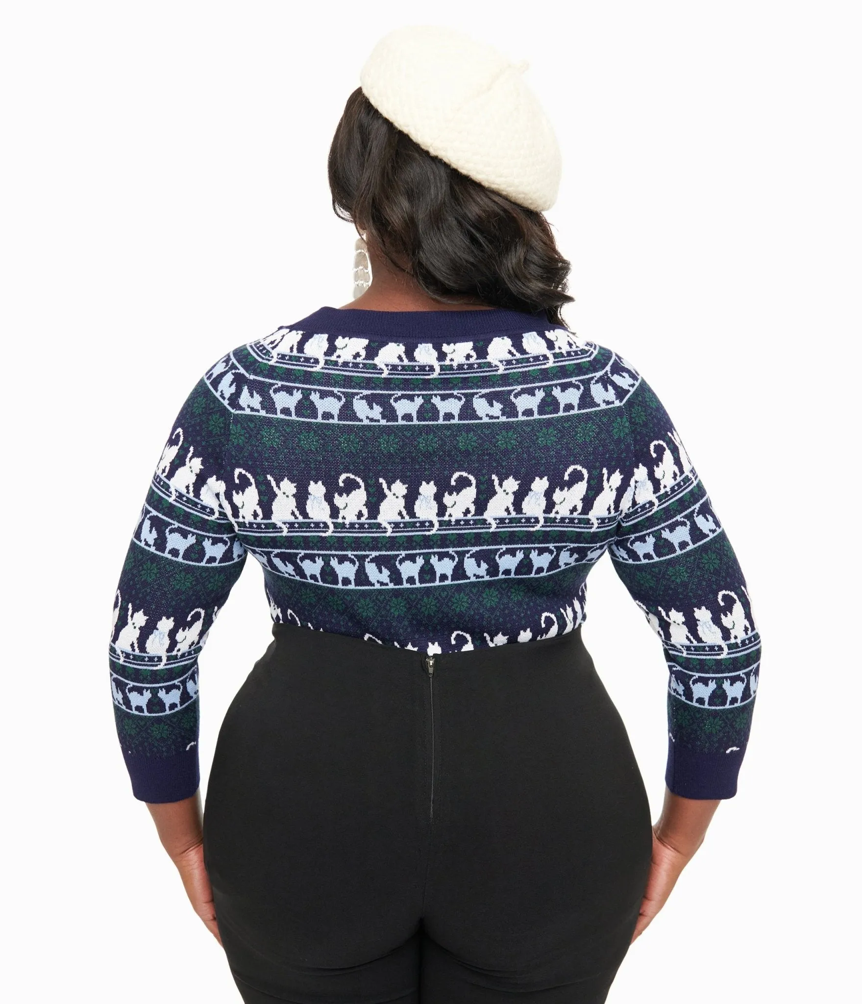 Unique Vintage Plus Size 1940s Navy & White Cat Pattern Lorelai Sweater Easy Date Night