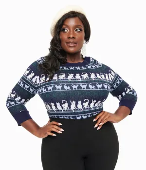 Unique Vintage Plus Size 1940s Navy & White Cat Pattern Lorelai Sweater Easy Date Night
