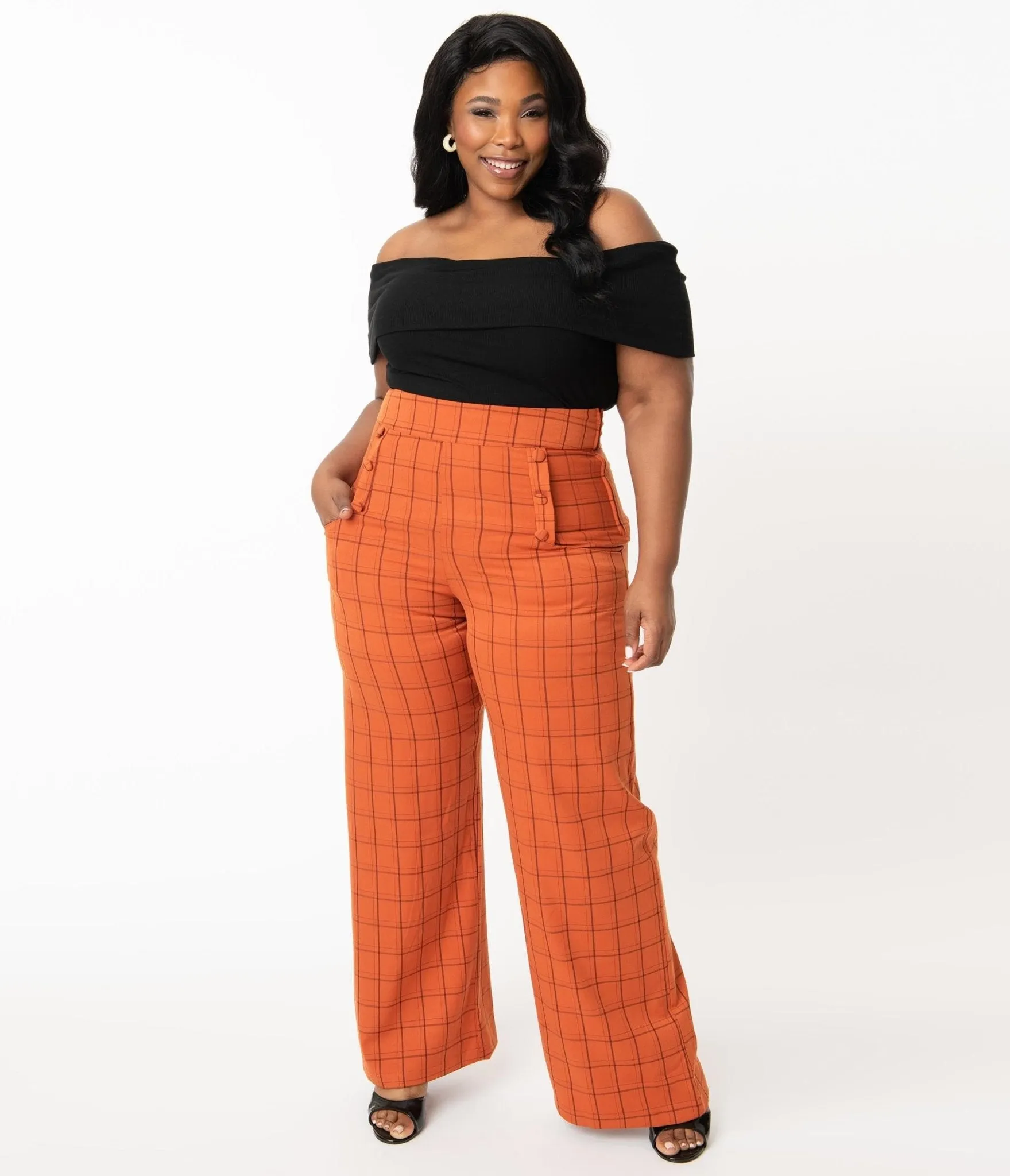 Unique Vintage Plus Size 1940s Orange Windowpane High Waist Ginger Pants Comfortable Travel Wear