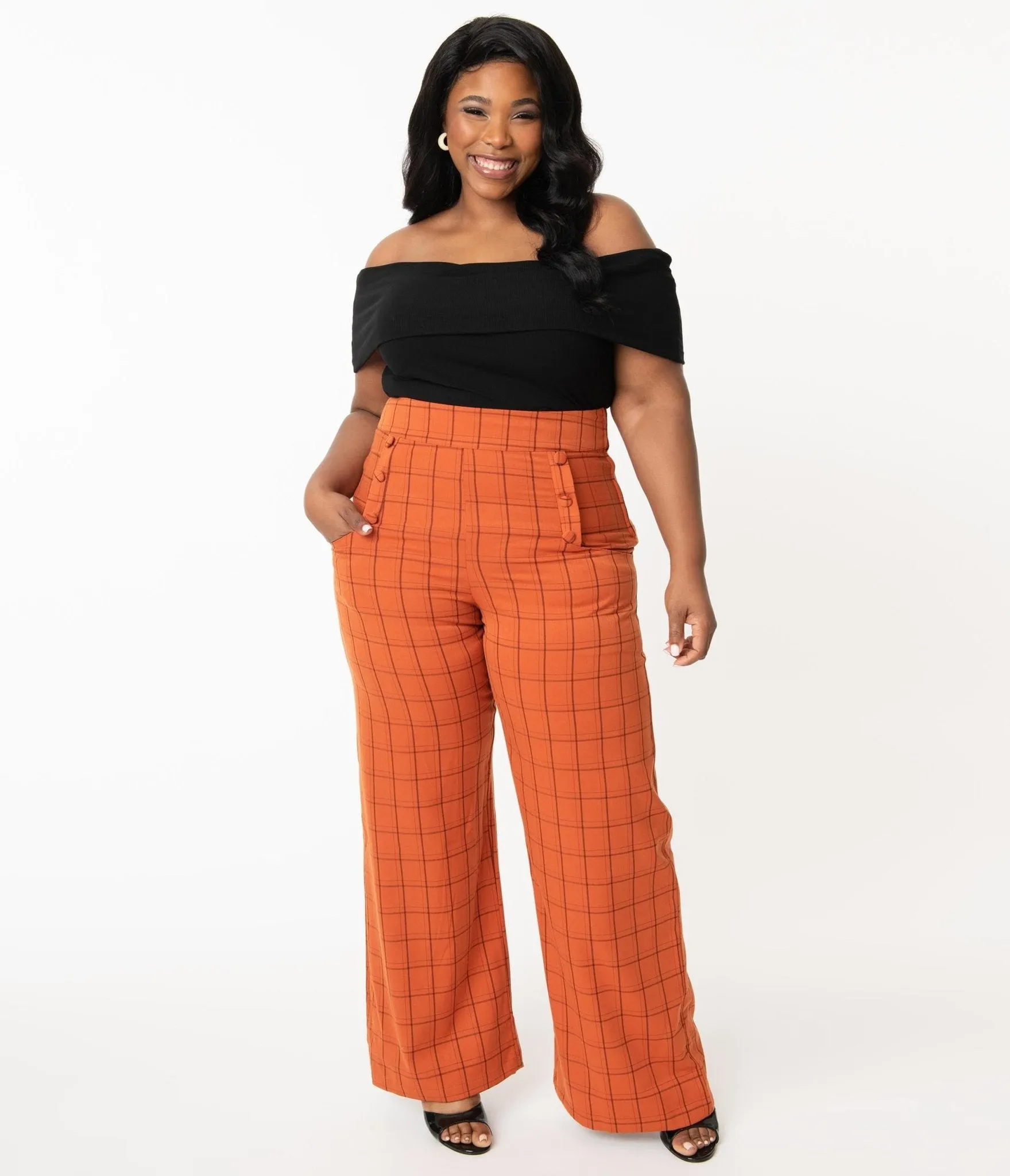 Unique Vintage Plus Size 1940s Orange Windowpane High Waist Ginger Pants Comfortable Travel Wear