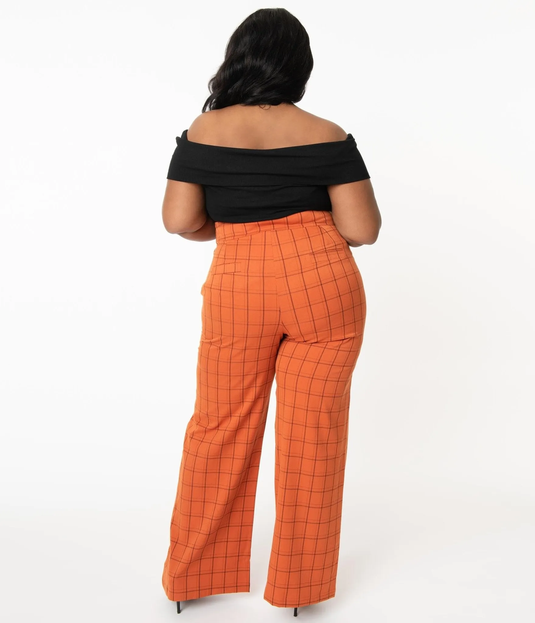 Unique Vintage Plus Size 1940s Orange Windowpane High Waist Ginger Pants Comfortable Travel Wear